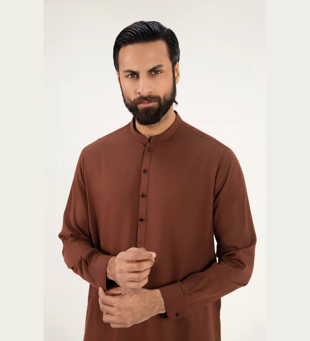Fancy Band Collar Shalwar Suit - Dark Brown
