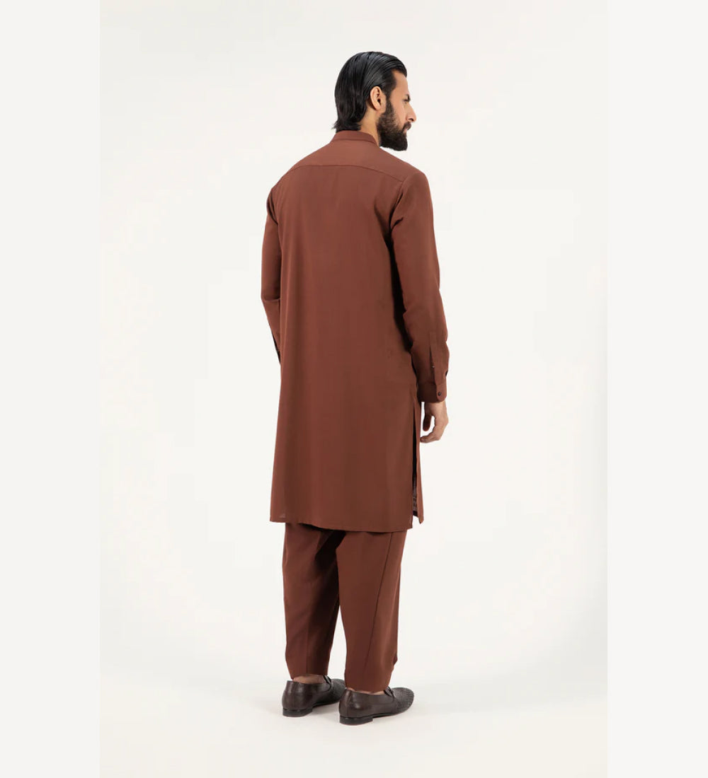Fancy Band Collar Shalwar Suit - Dark Brown