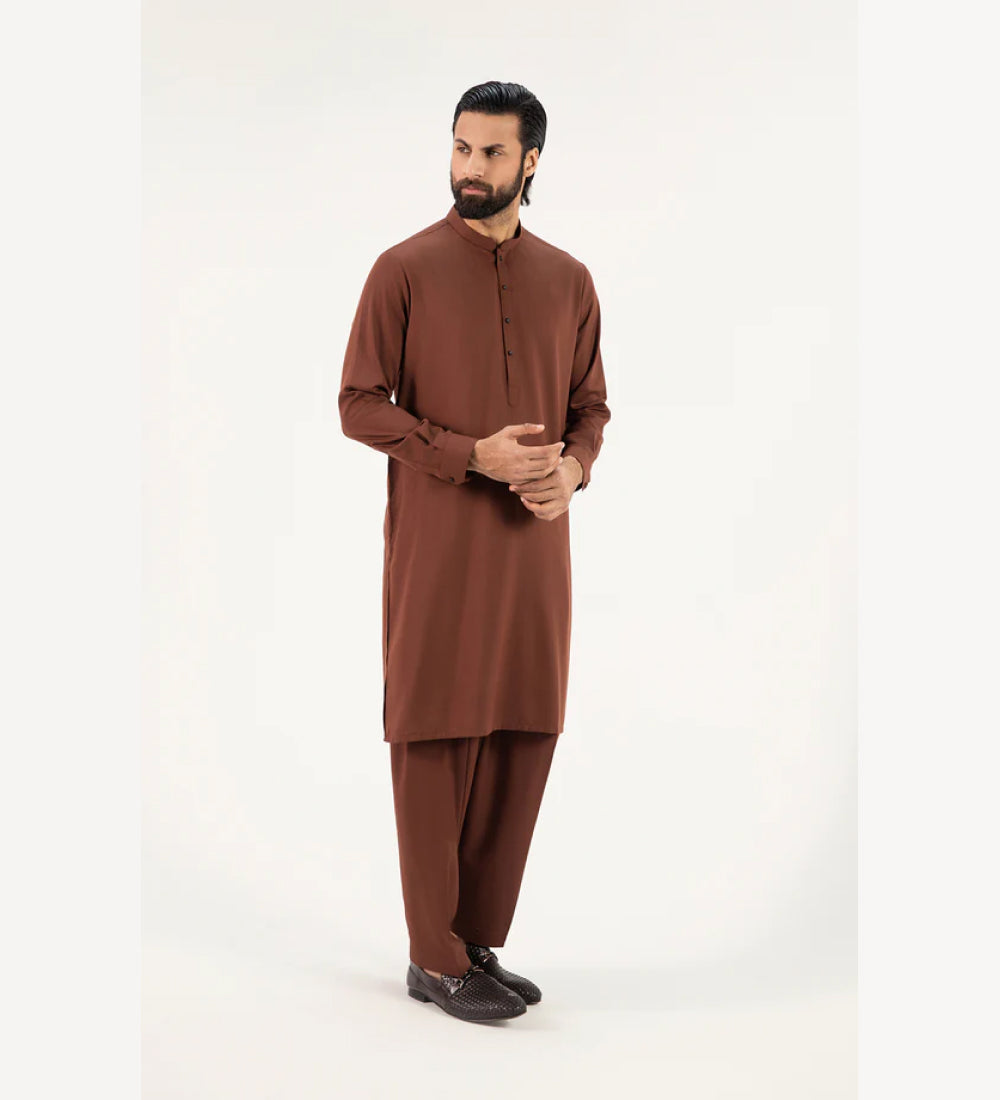 Fancy Band Collar Shalwar Suit - Dark Brown