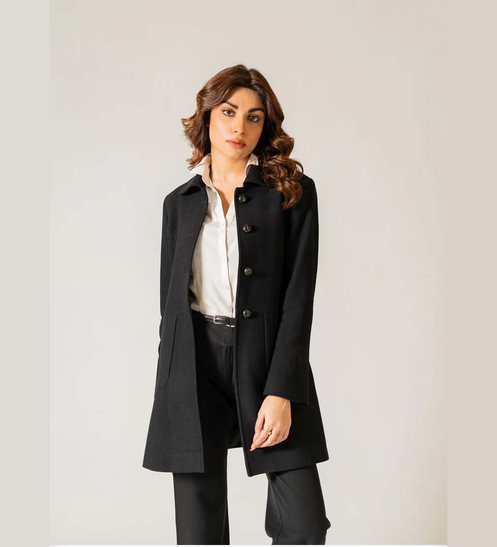 Ladies Long Coat - Woolen Fleece Black Plain