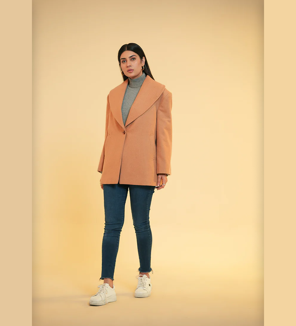 Ladies Jacket Wide Shawl Collar Light Brown Plain
