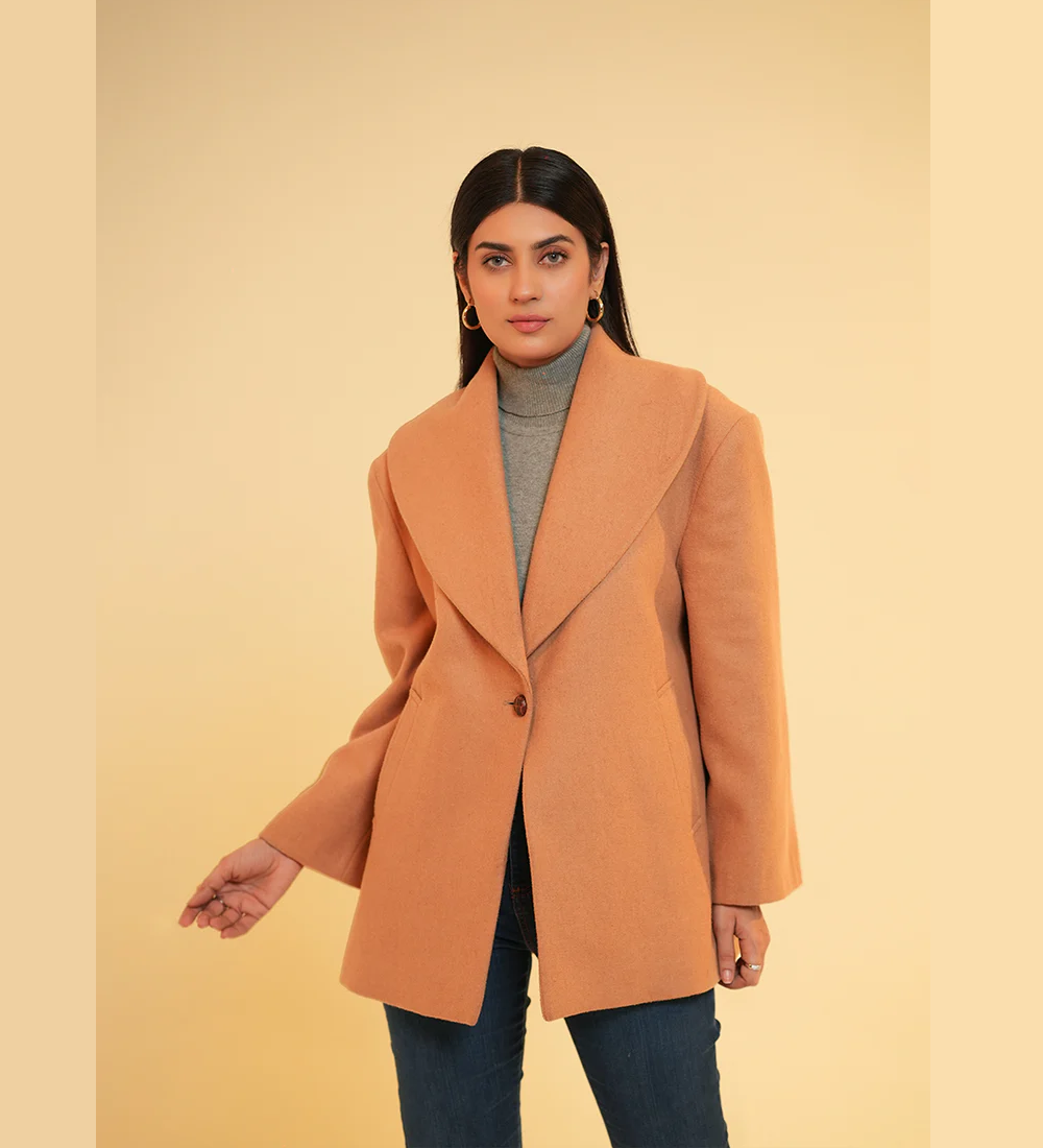 Ladies Jacket Wide Shawl Collar Light Brown Plain