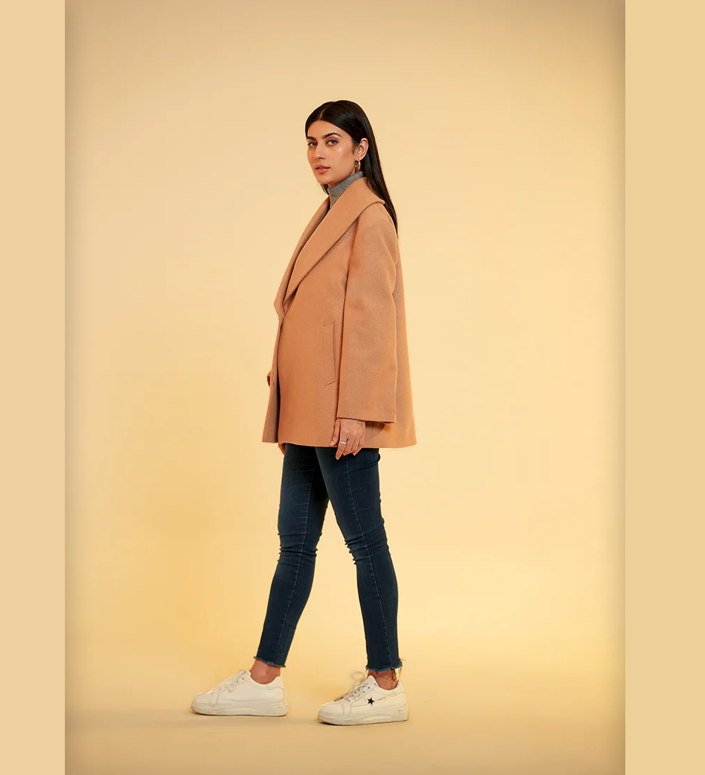 Ladies Jacket Wide Shawl Collar Light Brown Plain