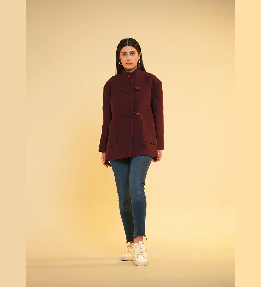 Ladies Jacket  Button Tab Front, High Neck, Maroon Plain