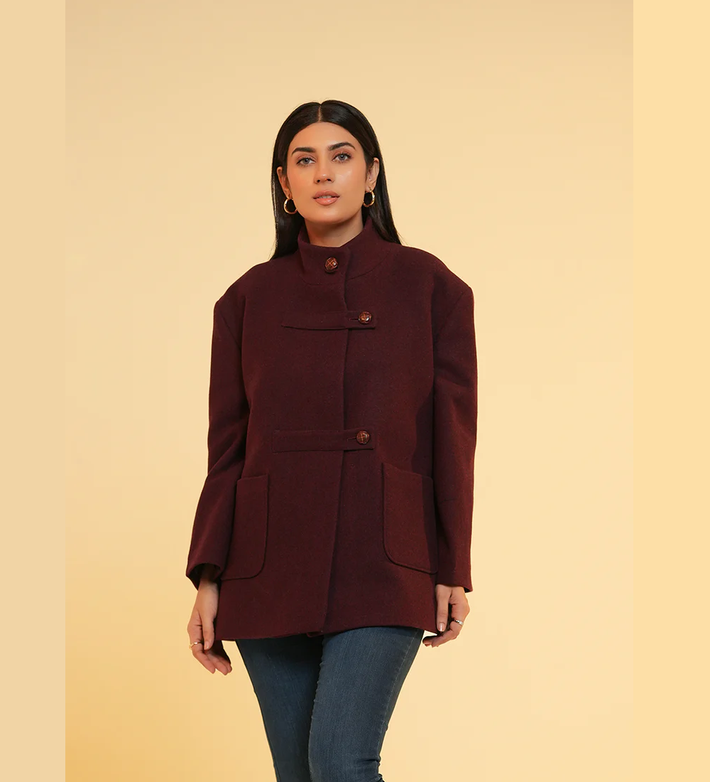 Ladies Jacket  Button Tab Front, High Neck, Maroon Plain
