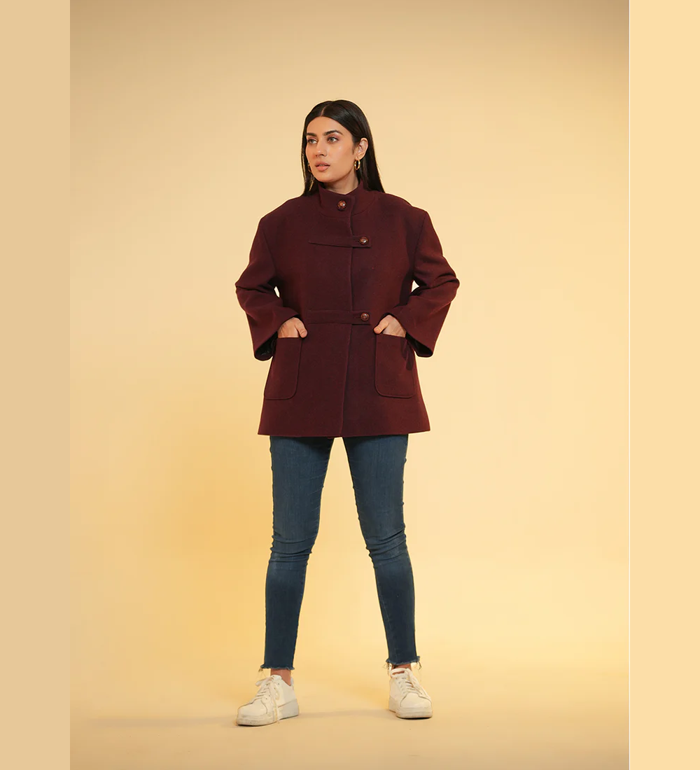 Ladies Jacket  Button Tab Front, High Neck, Maroon Plain