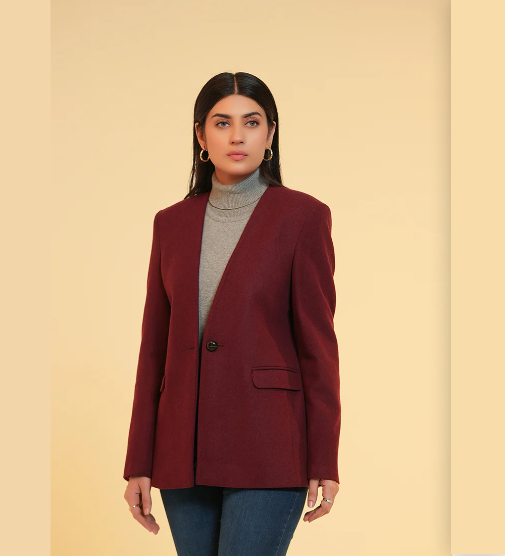 Ladies V Neck Single Button Jacket - Dark Maroon Plain